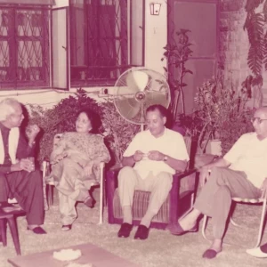 A lierary gathering at her home. On her left is Lutfullah Khan, to her right Mushfiq Khwaja and Nurul Hasan Jafarey. (Karachi mid 1980's)