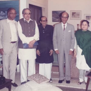 A dinner party at the Jafarey residence. To the right of Ada are Mushtaq Yusufi, Sehba Laknavi and Jamiluddin Aali. (Karachi, Early 1990’s) A dinner party at the Jafarey residence. To the right of Ada are Mushtaq Yusufi, Sehba Laknavi and Jamiluddin Aali. (Karachi, Early 1990’s)